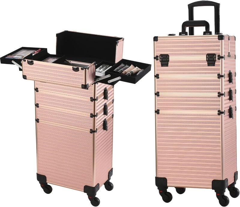 Photo 1 of 5-in-1 Rolling Makeup Case - Professional Cosmetic Organizer Trolley with Large Storage, Detachable Wheels, Lockable Travel Trunk for Salon, Barber & Makeup Artists