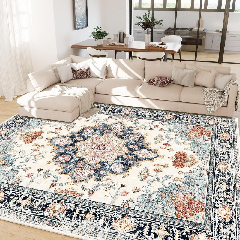 Photo 1 of Machine Washable 8x10 Area Rugs for Living Room Vintage Rugs Carpet Rugs Non Slip Low Pile Water Repellent Soft Print Pattern for Bedroom Indoor Decor Polyester Rug Bluebeige