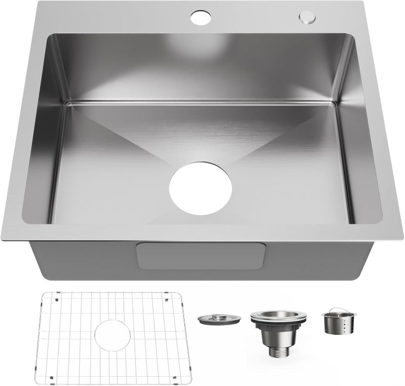 Photo 1 of 22" x 18" Drop in Kitchen Sink 304 Stainless Steel Single Bowl Topmount Kitchen Sink with Drain Kit and Bottom Grid, Brushed