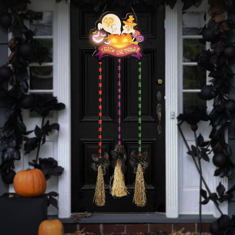 Photo 1 of Halloween Witch Broom Decorations, Light-Up Halloween Porch Decor Outdoor, Wooden Witch Broom Sign, Indoor Halloween Wall Decor, Yard Door Decorations for Trick or Treat Sign (Exclude Battery)