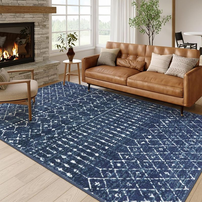 Photo 1 of -Beeiva Moroccan Large Living Room Rug, Printed Soft Washable 8x10 Area Rug Non Slip, Foldable Blue Rug Low Pile Non Shedding Machine Washable Area Rugs for Bedroom Dining Room Office