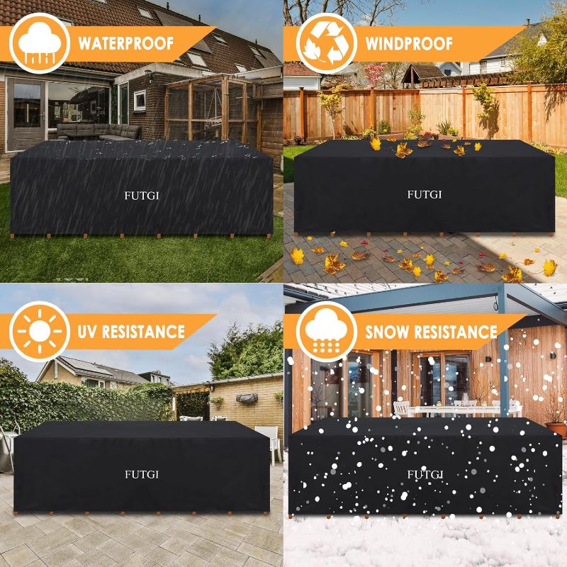 Photo 2 of Outdoor Patio Furniture Covers Waterproof, 600D Heavy Duty Oxford Covers for Patio Furnitures as General Table Chair Bay Sofa, UV Proof Wind Proof Snow Resistant (Black, 111" x 74" x 28")