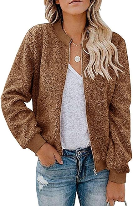 Photo 1 of  (Size L ) MIROL Women's Sherpa Fleece Jacket Faux Fuzzy Long Sleeve Casual Zip Up Bomber Coat