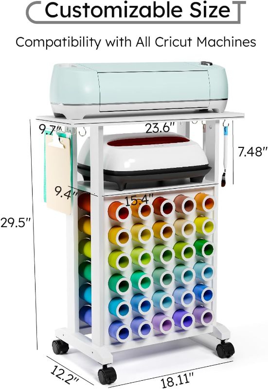 Photo 2 of Organizers and Storage for Cricut Machines, Rolling Craft Storage Cart with 30 Vinyl Roll Holders, Crafting Table Organization Workstation for Craft Room Home, Compact Removable