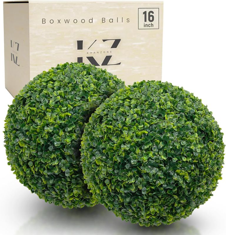 Photo 1 of Faux Topiary Boxwood Plant – 2 Pieces 16 Inch Artificial Boxwood Topiary Plant Balls for Indoor & Outdoor Decorations, UV Resistant Decorative Boxwood Garden Spheres for Backyard Porch & Balcony Decor