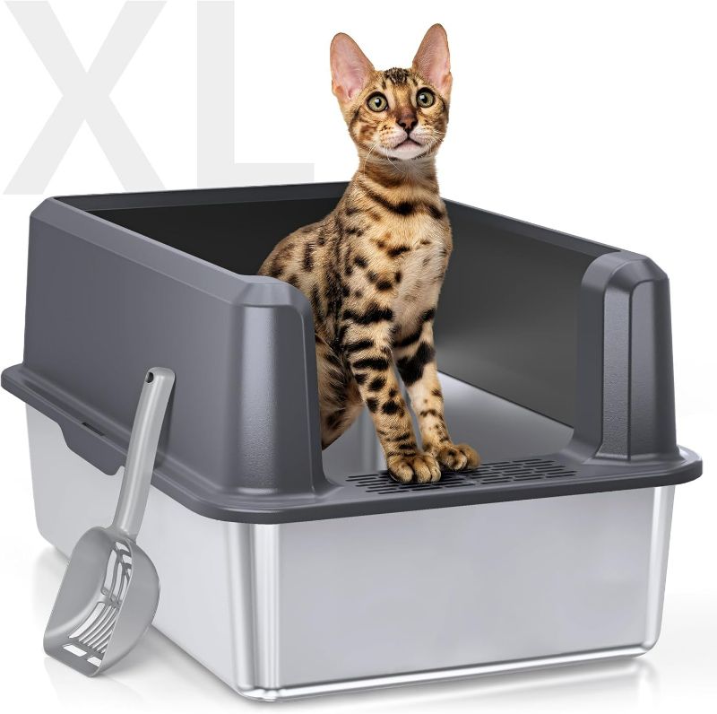 Photo 1 of Enclosed Stainless Steel Cat Litter Box with Lid, XL Extra Large Litter Box for Big Cats, Metal Litter Box High Sided, Never Absorbs Odors, Anti-Urine Leakage, Easy Cleaning, Include Scoop