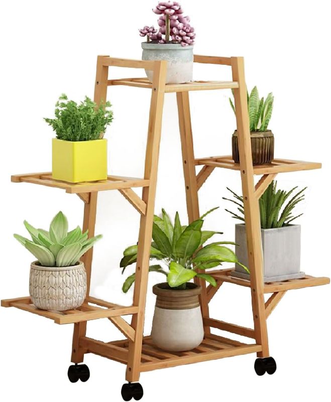 Photo 1 of Plant Stand Indoor Outdoor, Plant Shelf with Wheels Corner Plant Stand Flower Stand Bamboo Tiered Plant Rack Holder Organizer Display for Garden Balcony Home Decor Mom Gift (6 layers)