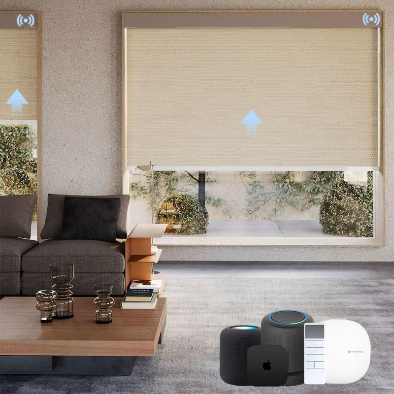 Photo 1 of Motorized Roller Shades, Blackout Smart Blinds for Windows Automatic Window Treatment Work with Alexa, Roller Shades with Remote Customized Size for Indoor Windows (Jacquard Coffee)