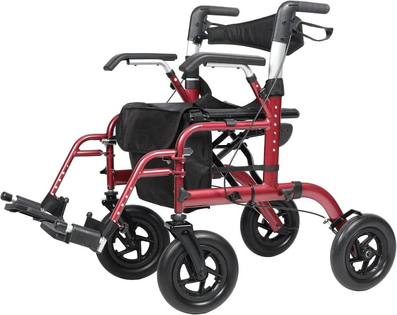 Photo 1 of ELENKER All-Terrain 2 in 1 Rollator Walker & Transport Chair, Folding Wheelchair with All 10” Wheels for Seniors, Reversible Backrest & Detachable Footrests, Red