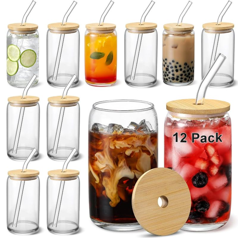 Photo 1 of [ 12pcs Set ] Glass Cups with Bamboo Lids and Glass Straw - Beer Can Shaped 16 oz Iced Coffee Drinking Glasses, Cute Tumbler Cup for Smoothie, Boba Tea, Whiskey, Water - 4 Cleaning Brushes