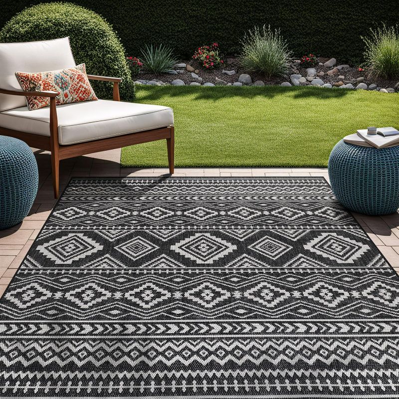 Photo 1 of Beverly Rug Waikiki Boho Indoor Outdoor Rug 5x7, Washable Outside Carpet for Patio, Deck, Porch, Bohemian Area Rug, Farmhouse Rugs, Aztec Tribal Rug, Black and White