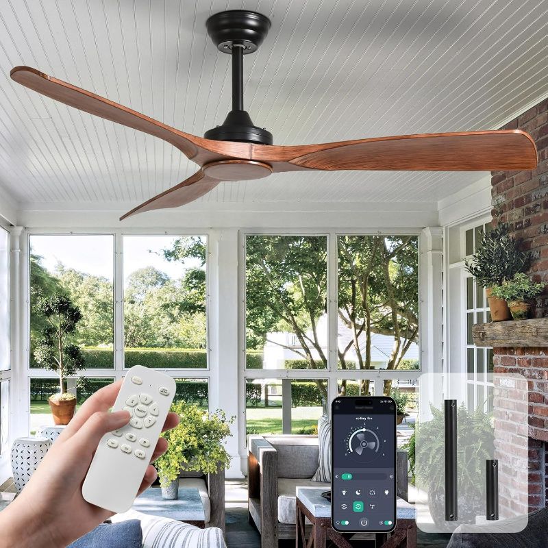 Photo 1 of Ceiling Fan Without Light: 52 Inch Outdoor Fan for Patios - Walnut Ceiling Fan No Light Indoor - Modern 3 Blade Fan with Remote APP Control Reversible 6 Speed Noiseless