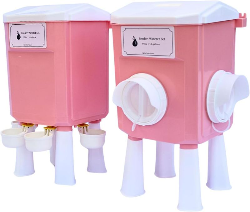 Photo 1 of Cute Pink Chicken Feeder and Waterer Set for Backyard Flocks - 2gal/17lb Capacity - Versatile Mounting Options - No Waste - Suitable for Up to 12 Chickens