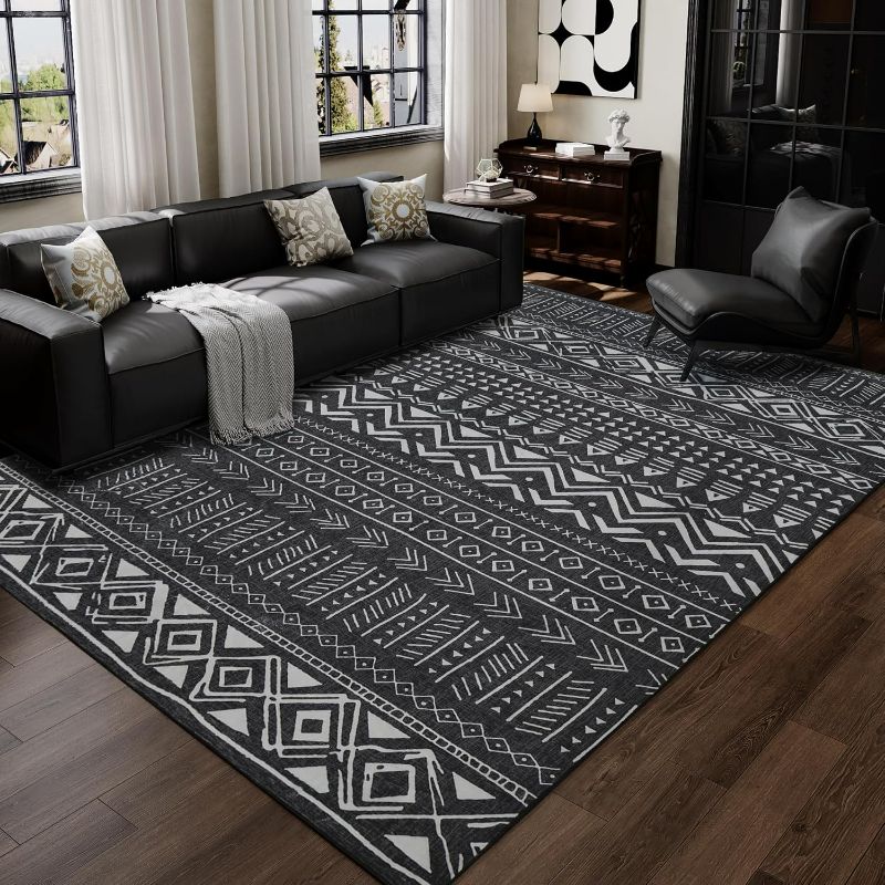 Photo 1 of 6x9 Rugs for Living Room, Soft Machine Washable Rug, Moroccan Large Non Slip Rug, Low-Pile Faux Wool Area Rug for Bedroom Living Room Dining Room Kitchen Office, Black