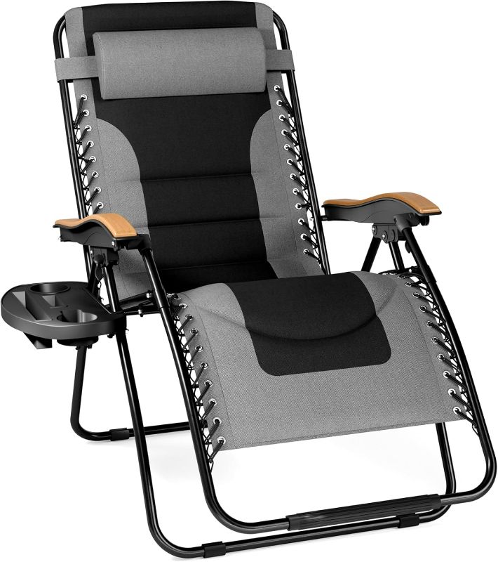 Photo 1 of PHI VILLA XXL Oversized Padded Zero Gravity Chair, Foldable Patio Recliner, 30" Wide Seat Anti Gravity Lounger with Cup Holder, Support 400 LBS (Gray)