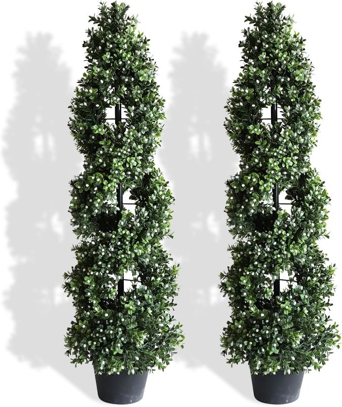 Photo 1 of momoplant White Fruit Artificial Boxwood Topiary Plant Topiary Tree 35inch Fake Feaux Spiral Plants Green Outdoor/Indoor Home Office Porch, ?Set of 2?