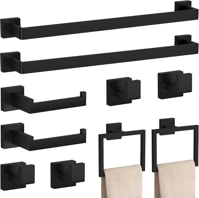 Photo 1 of 10-Pieces Matte Black Bathroom Accessories Set, 23.6 Inch Bath Towel Bar Set, SUS 304 Stainless Steel Bathroom Hardware Set, Towel Racks for Bathroom Wall Mounted.