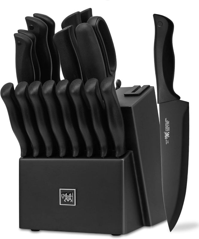 Photo 1 of Knife Sets for Kitchen with Block, HUNTER.DUAL 19 Pcs Kitchen Knife Set with Block Self Sharpening, Dishwasher Safe, Anti-slip Handle, Black