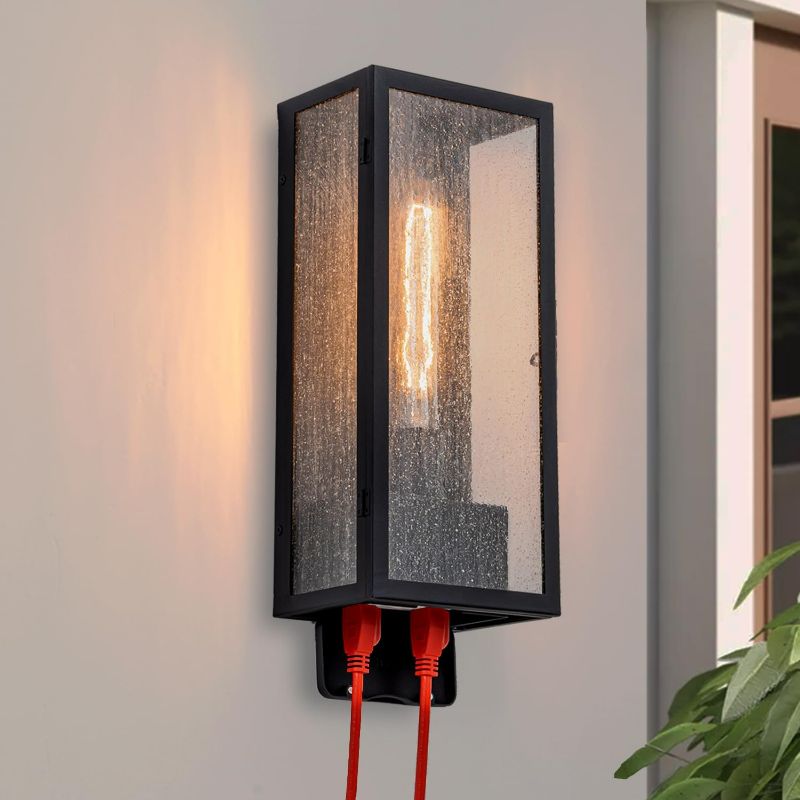 Photo 1 of Porch Light with GFCI Outlet, Matte Black Exterior Lighting Fixtures, Waterproof Aluminum Outdoor Light Fixture with Seeded Glass, Anti-Rust Outdoor Wall Lights for House