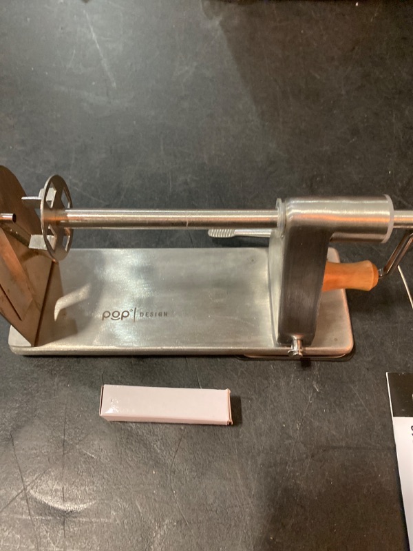 Photo 1 of POP Design Stainless Steel Vegetable Spiralizer, Commercial Grade Spiralizer and Potato Cutter for Curly Fries, Noodle Maker and Zoodler, 3 Blade Size Cutters, Wooden Handle, No-Slip Suction Base