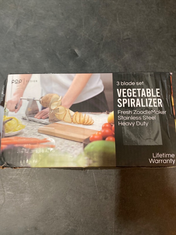 Photo 1 of POP Design Stainless Steel Vegetable Spiralizer, Commercial Grade Spiralizer and Potato Cutter for Curly Fries, Noodle Maker and Zoodler, 3 Blade Size Cutters, Wooden Handle, No-Slip Suction Base