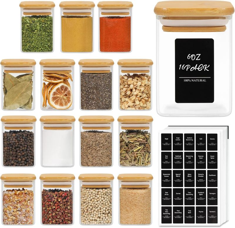 Photo 1 of ComSaf 14Pcs Glass Spice Jars with Bamboo Lid, 6oz Airtight Square Containers with 275 Black Lables, Empty Seasoning Jars for Salt Sugar