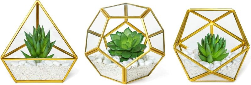 Photo 1 of Mkono Artificial Succulent in 3 Pack Mini Glass Geometric Terrarium, Miniature Potted Faux Plant Bookshelf Desk Boho Office Room Decor for Women Girls Dorm Gift Idea, Gold