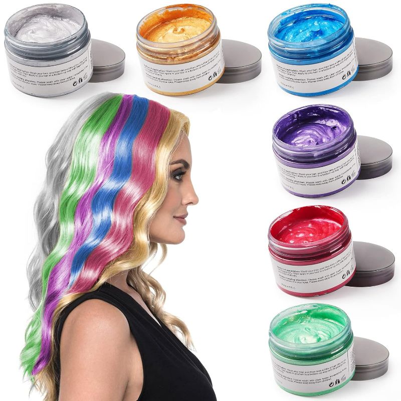 Photo 1 of 6 Colors Hair Color Wax - 6 in 1 Sliver Blue Purple Gold Green Pink Red, Temporary Hair Color for Party, Cosplay, Date, Halloween