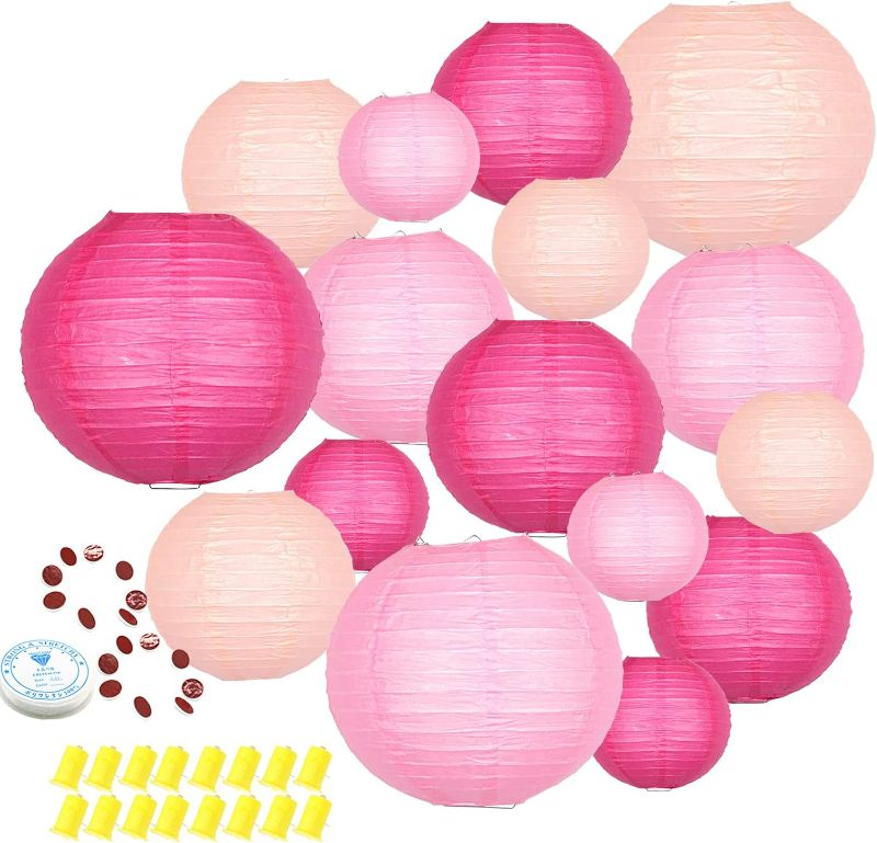 Photo 1 of Hanging Paper Lanterns Decorative, Pink Chinese Paper Lanterns Ceiling Party Decorations with 16 LED Lights for Weddings Anniversaries Valentine's Day Bridal Shower Decorations, Pack of 16