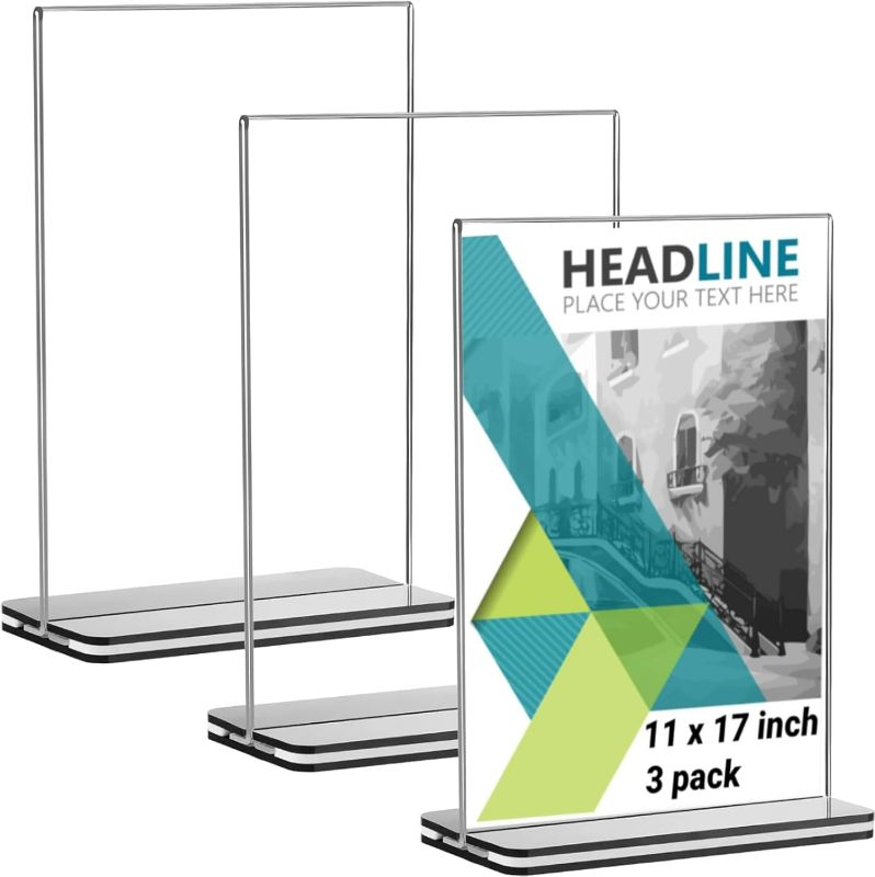 Photo 1 of 3 Pack 11 x 17 Inches Acrylic Sign Holder Clear T Shaped Sign Holder Table Menu Display Stand Double Sided Picture Flyer Sign Holder for Office Store Restaurant Hotels (3 Pack 11 x 17 Inches)