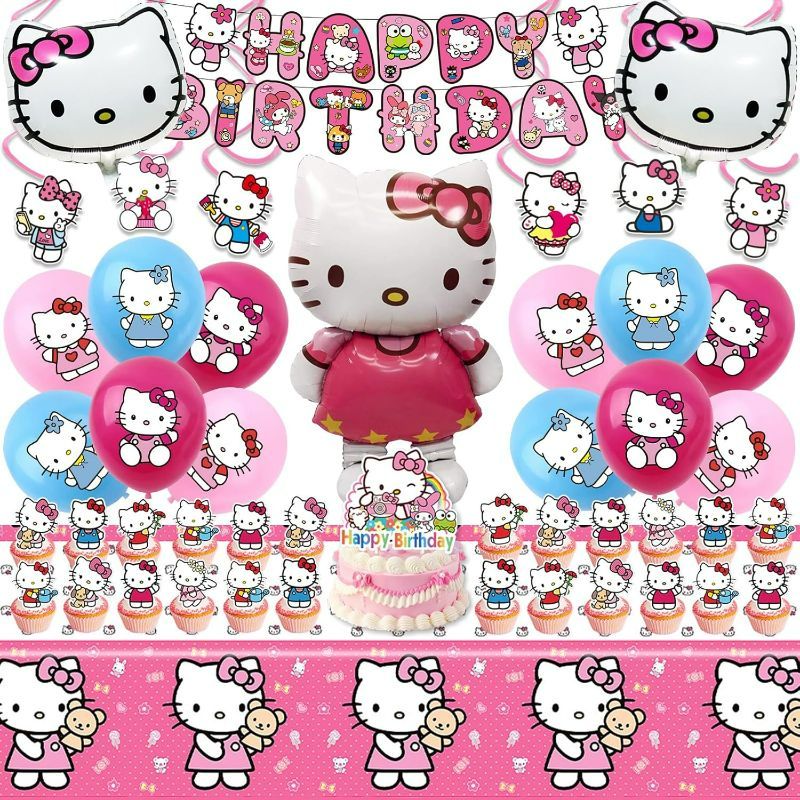 Photo 1 of Kitty Birthday Party Supplies, Party Decorations Set Include Banner, Balloons, Hanging Swirls, Cake Cupcake Toppers, Tablecloth for Girls Kitty Theme Party