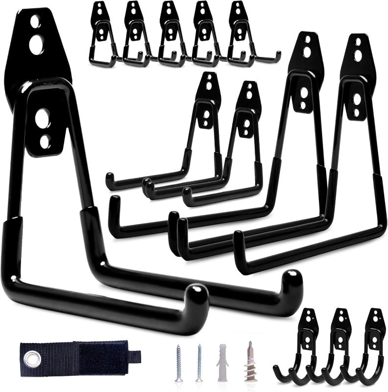 Photo 1 of Garage Hooks 13 Pack Wall Mounted Garage Hooks Heavy Duty with Extension Cord Straps for Organizing Tools, Bikes, Ladders, and Ropes (Black)