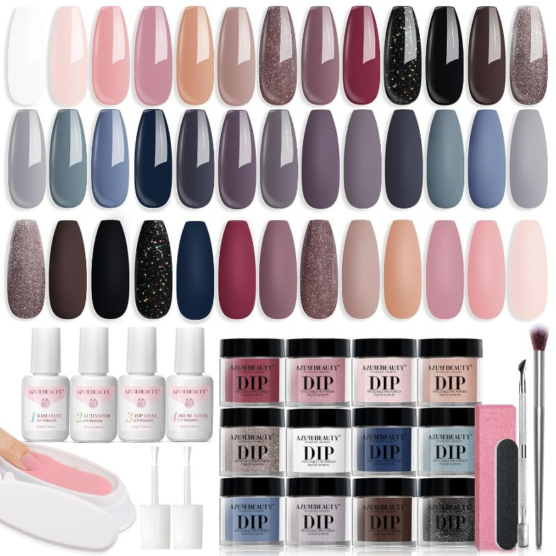 Photo 1 of AZUREBEAUTY 31 Pcs Dip Powder Nail Kit Starter All Season 20 Colors Glitter Nude Gray Acrylic Nail Dip Powder System Essential Liquid Set for French Nails Art Manicure DIY Salon Gift for Women