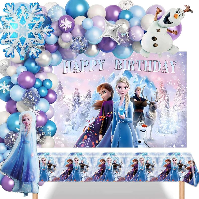 Photo 1 of Frozen Birthday Party Supplies, Frozen Party Decorations Includes Snowflake Balloon Garland Arch Kit,Frozen Backdrop, Frozen Tablecloth, Elsa, Snowman and Snowflake Foil Balloon