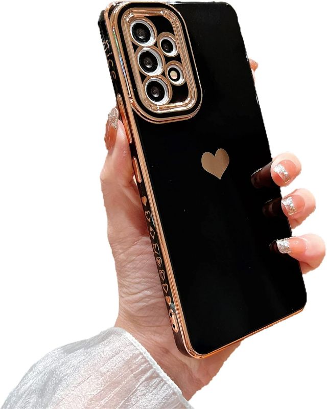 Photo 1 of Compatible with Samsung Galaxy A53 5g 6.5” Phone Case Luxury Electroplated Cute Side Love Hearts Pattren Cover for Women Camera Lens Protection Soft Silicone Shockproof Bumper (Black)