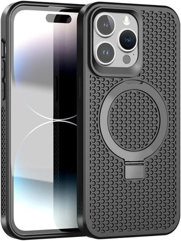 Photo 1 of Heat Dissipation Case with Kickstand for iPhone 15 Plus,Compatible with MagSafe,Double Layer Honeycomb Heat Dissipation Case(Black)