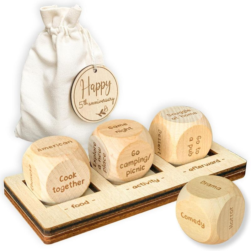 Photo 1 of 5 Year Anniversary Wood Gift for Him Her - 5th Anniversary Wedding Gifts for Wife Husband, Five Years of Marriage Anniversary Date Ideas, Wooden Game Date Night Dice for Couples Gifts