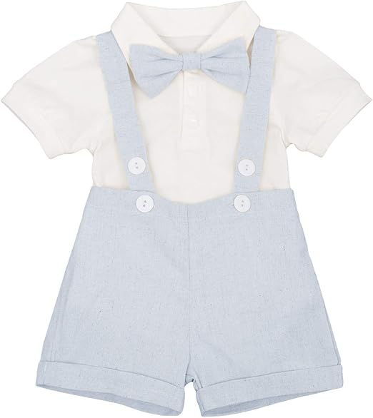 Photo 1 of Size (6-12) IDOPIP Baby Boys Formal Suit Set Short Sleeve Romper Suspenders Shorts Pants Bowtie Wedding Tuxedo Outfits Cake Smash Clothes