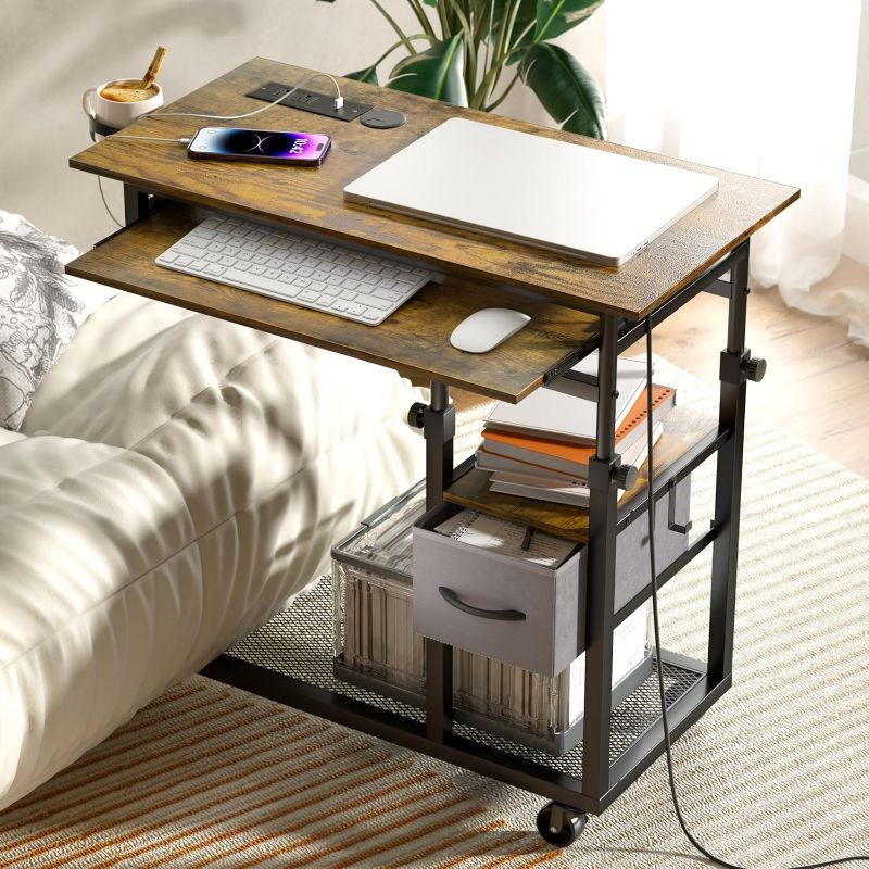 Photo 1 of Height Adjustable C Table with Charging Station, Mobile Laptop C Shaped End Table, Couch Desk with Wheels, Couch Side Table with Storage Drawer for Living Room Bedroom