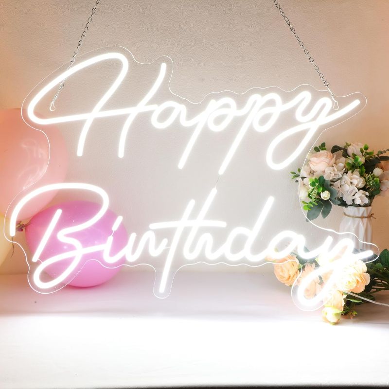 Photo 1 of 30'' x 21'' Large Happy Birthday Neon Sign LED Neon Light Signs with Dimmable Switch 12V Power Adapter Chain Reusable Cold White Happy Birthday Decorations for Party Room Wall Art Backdrop