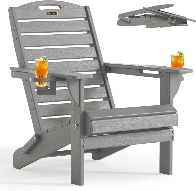 Photo 1 of Folding Adirondack Chair HDPE All-Weather Adirondack Chairs with Cup Holder, Outdoor Fire Pit Chairs Lawn Chair for Deck Patio Garden (Grey)