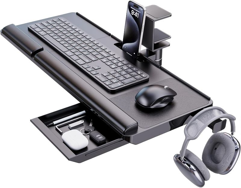 Photo 1 of Tilt&Height Adjustable Keyboard Tray Under Desk with 360° Rotation, Klearlook Ergonomic Computer Keyboard & Mouse Tray 25"W×11.02"D Sit Stand Desk Keyboard Holder w/Wrist Rest & Storage Drawer-Black