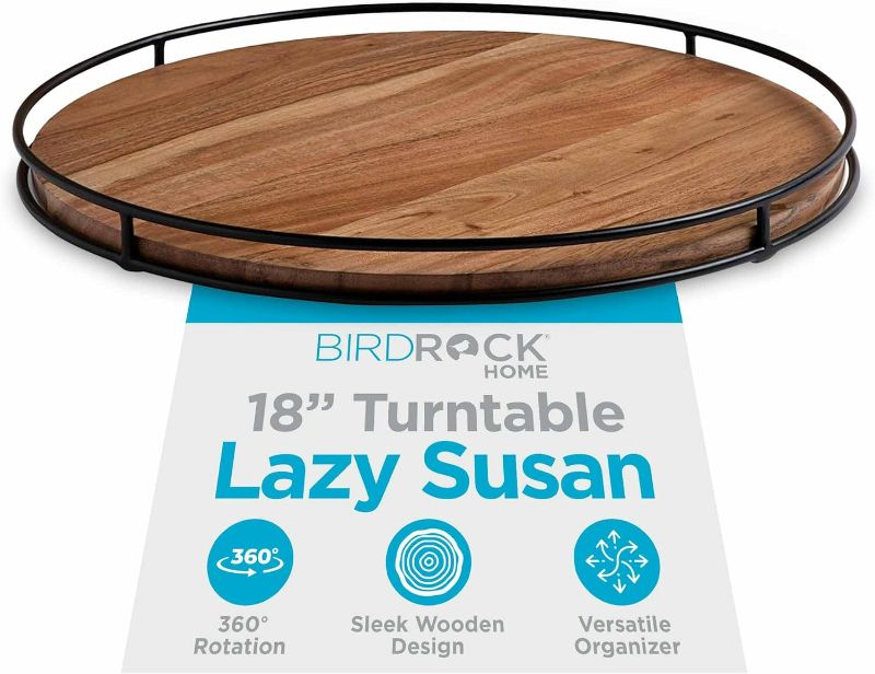 Photo 1 of BIRDROCK HOME Wooden Lazy Susan Turntable - Countertop, Cabinet, and Table Organizer, Smooth Rotating Spice Rack, Iron-Edged Tray for Kitchen, Pantry and Dining, Rustic Wood Decor - Espresso, 18"