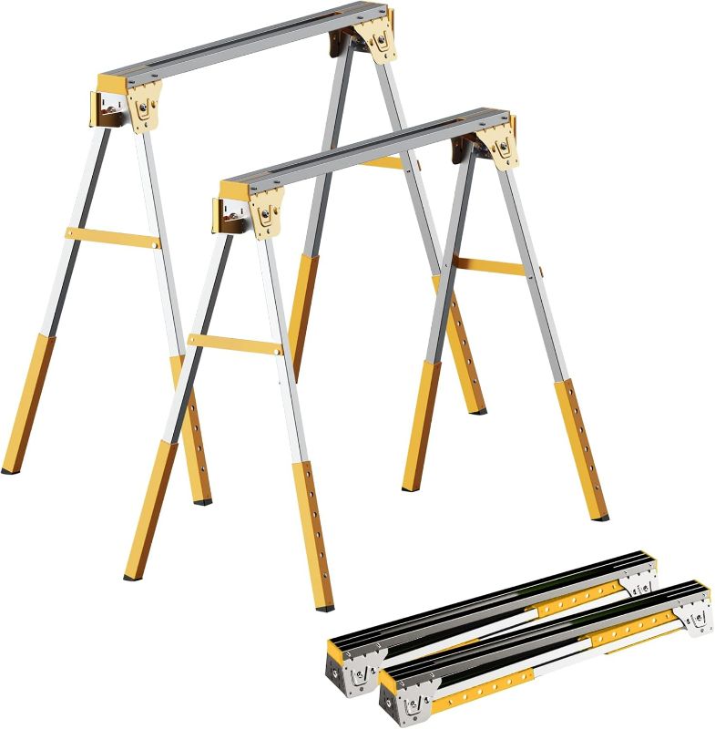 Photo 1 of Adjustable Height Sawhorse 2 Pack, Folding Portable Saw Horses with 30-34 inch Adjustable Legs, Heavy Duty Steel Pro Bench Saw Horse for Woodworking, Carpenters, Contractors, Fully Assembled (yellow)
