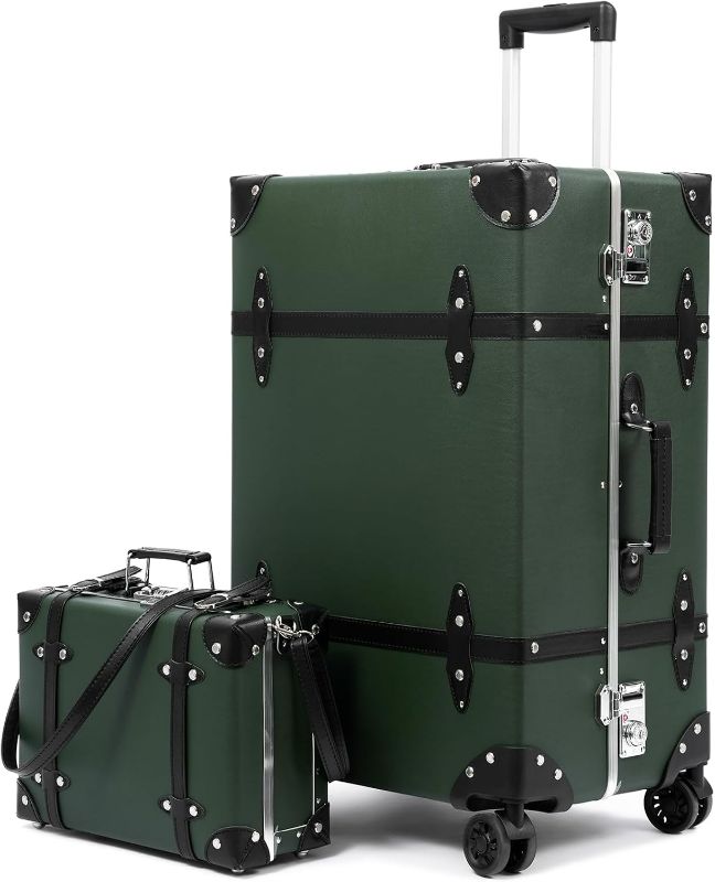 Photo 1 of Luxury Vintage Style Luggage Set with Studded Accents, Large Capacity Retro Trunk Suitcase Set with Wide Aluminum Frame, Double Spinner Wheels and TSA Locks