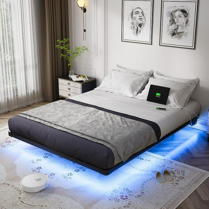 Photo 1 of OLEVS Floating Bed Frame Queen Size with Smart LED Lights and Charging Station - Modern Metal Platform Bed, Easy Assembly No Box Spring Needed