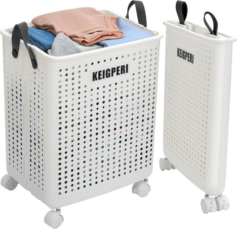 Photo 1 of KEIGPERIcollapsible laundry baskets,laundry basket with wheels,foldable laundry basket,With wheels and handles, it is easy to move and can be folded to save space. (White, large)