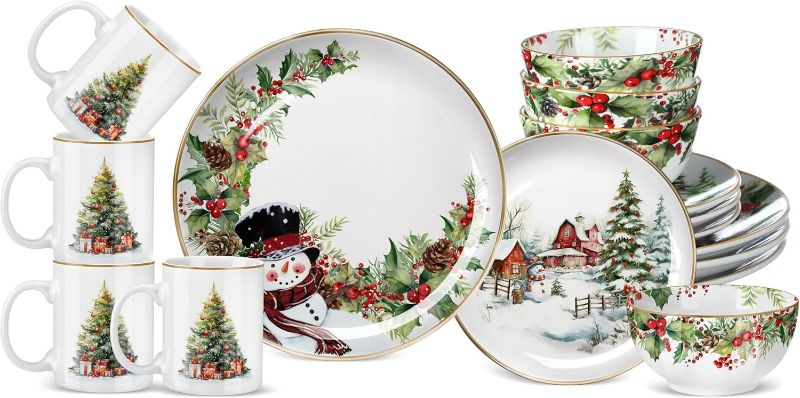 Photo 1 of 16 Pcs Christmas Tree Dinnerware Set for 4 Holiday Dishes Snowman Dinner Plates Festive Collection Dishes Village Holly Ivy Ceramic Gifts Dessert Plates Bowl Mug Kitchen Decoration for Xmas Winter