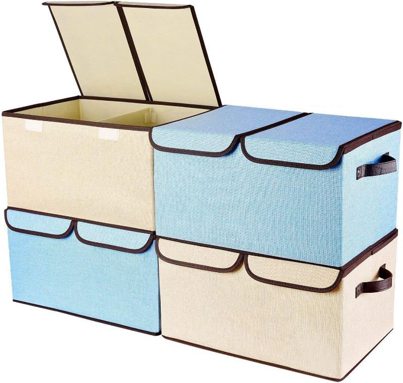 Photo 1 of Larger Storage Cubes [4-Pack] Senbowe 33 Quart Linen Fabric Foldable Collapsible Storage Cube Bin Organizer Basket with Lid, Handles, Removable Divider For Home, Nursery, Closet - (16.5 x 11.8 x 9.8”)