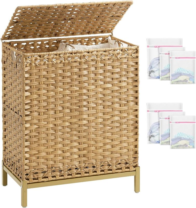 Photo 1 of Laundry Hamper with Lid, 112 L Handwoven Rattan Wicker Laundry Basket, 2 Removable Liner Bags Metal Heightened Feet, 6 Mesh Bags, 2 Section Large Clothes Hamper for Bathroom Bedroom, Natural